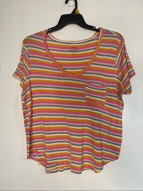 Rue+ Striped V-Neck Pocket Tee - Pink Multi